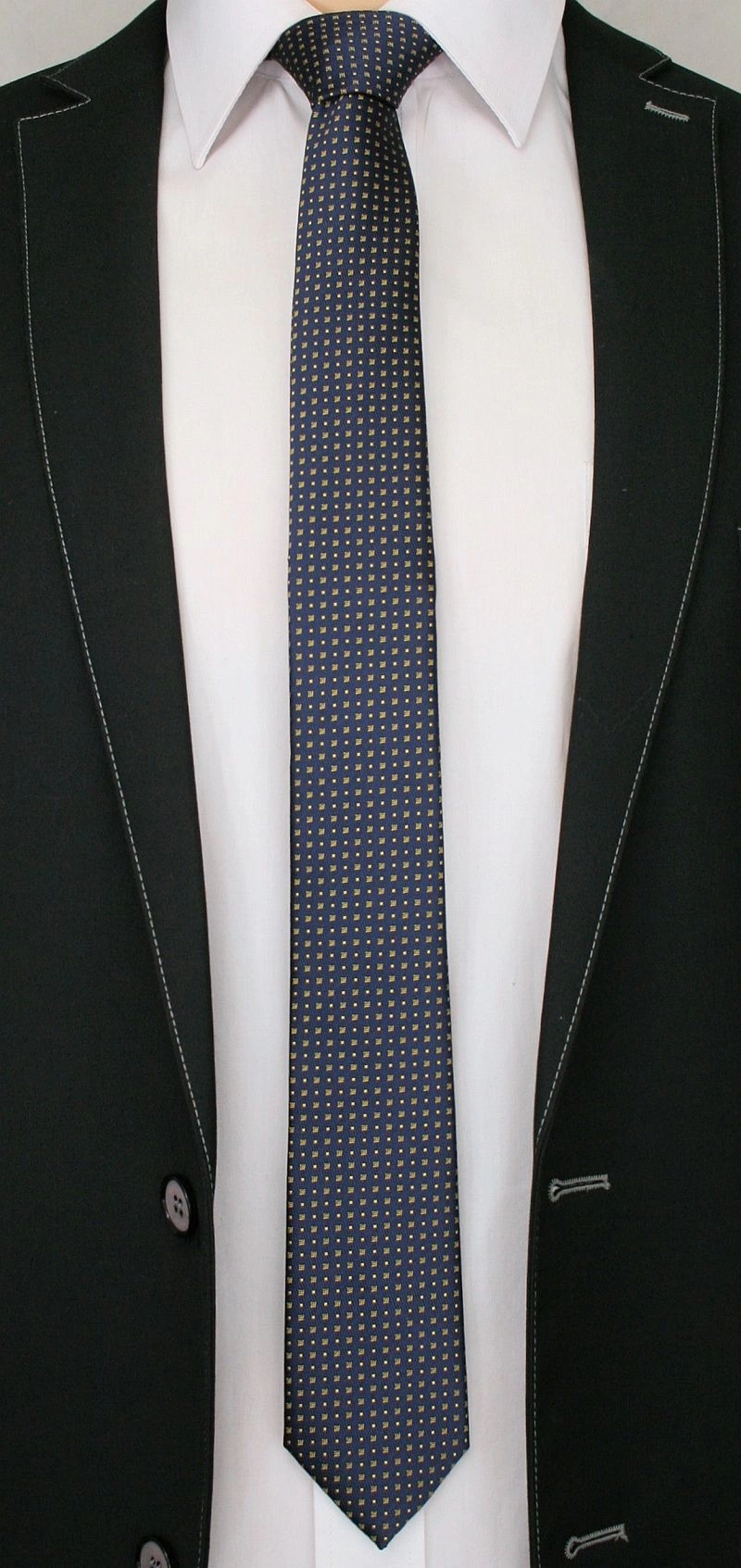 Granatowy Elegancki Krawat Męski -ALTIES- 6 cm, w Żółte Kwadraciki