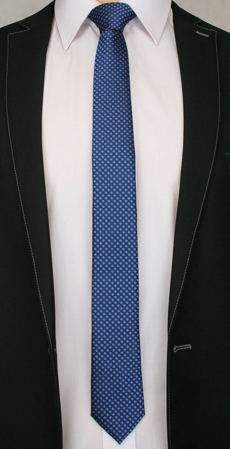 Granatowy Elegancki Krawat Męski w Drobny Niebieskie Kwiatki -ALTIES- 6 cm, Motyw Florystyczny