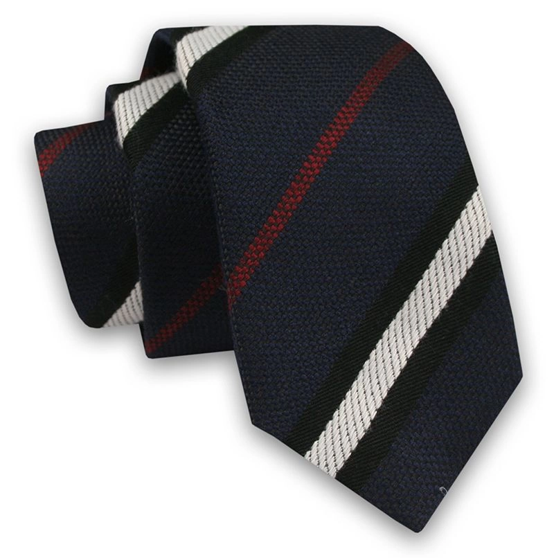 Granatowy Elegancki Męski Krawat -ALTIES- 6cm, Stylowy, Klasyczny, w Biało-Czerwono-Czarne Paski
