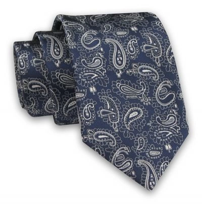 Granatowy Elegancki Męski Krawat -ALTIES- 7cm, Stylowy, Klasyczny, w Szary Wzór Paisley, Łezki