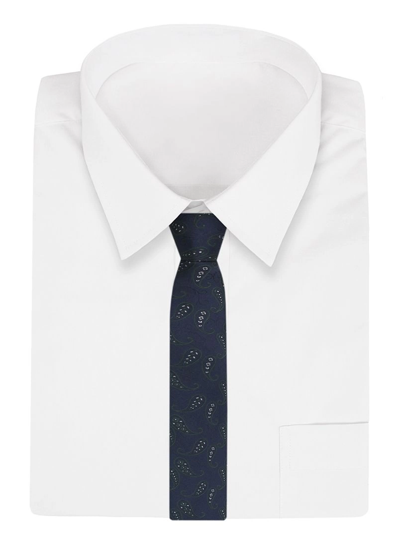 Granatowy Elegancki Męski Krawat -ALTIES- 7cm, Stylowy, Klasyczny, w Zielony Wzór Paisley, Łezki
