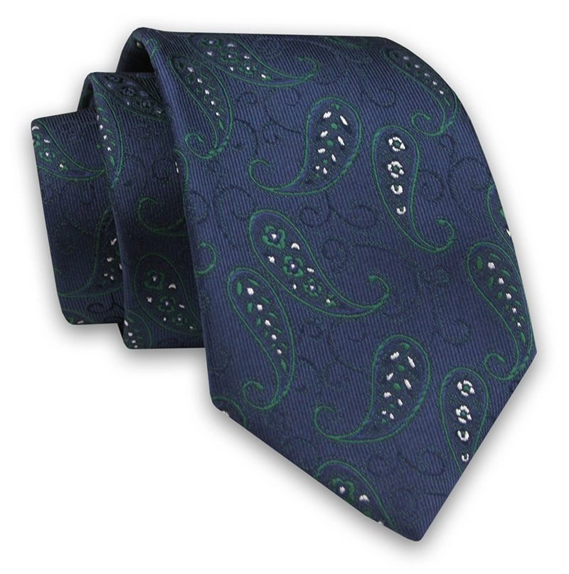 Granatowy Elegancki Męski Krawat -ALTIES- 7cm, Stylowy, Klasyczny, w Zielony Wzór Paisley, Łezki
