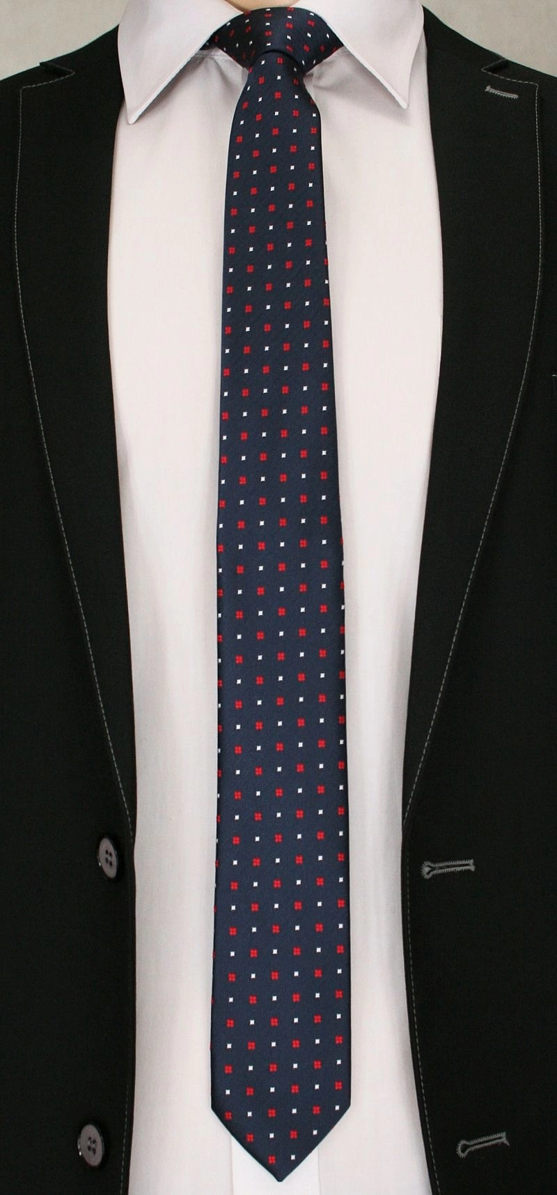 Krawat Męski w Czerwono-Białe Elementy, Kwadraciki - 6 cm - Angelo di Monti