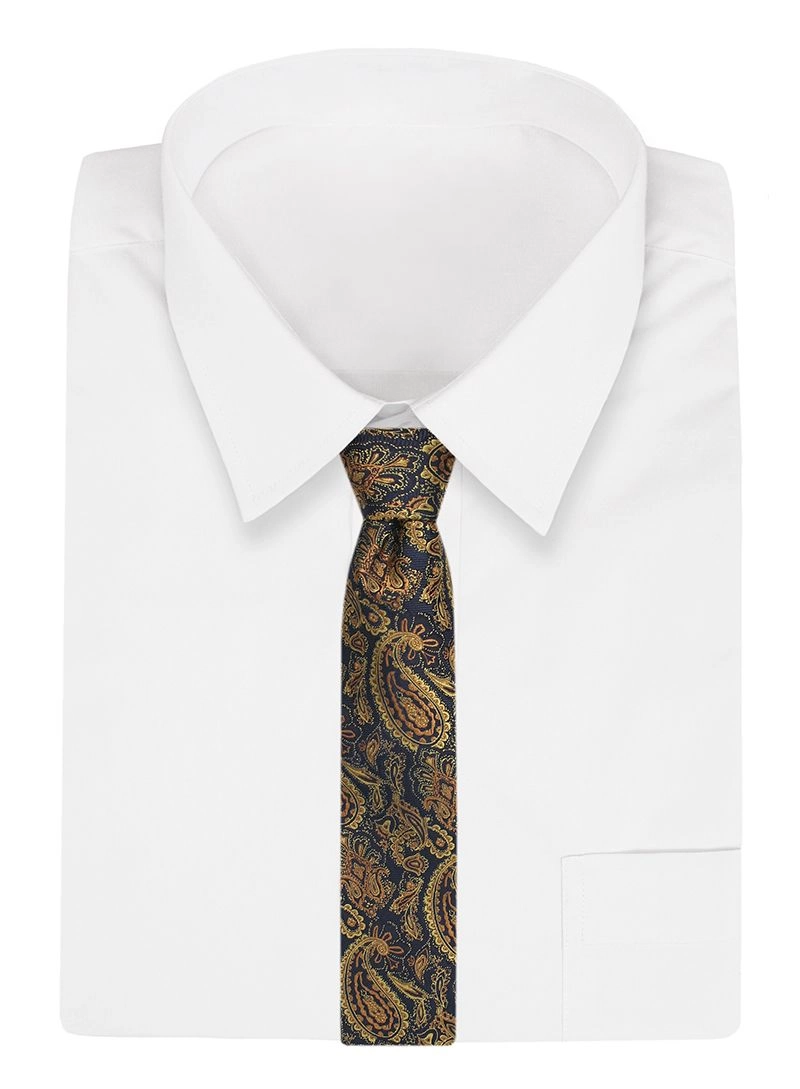 Granatowy Męski Krawat -Chattier- 7,5cm, Klasyczny, Elegancki, w Żółto-Złoty Wzór Paisley, Łezki