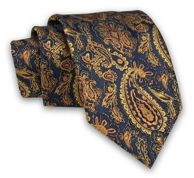 Granatowy Męski Krawat -Chattier- 7,5cm, Klasyczny, Elegancki, w Żółto-Złoty Wzór Paisley, Łezki