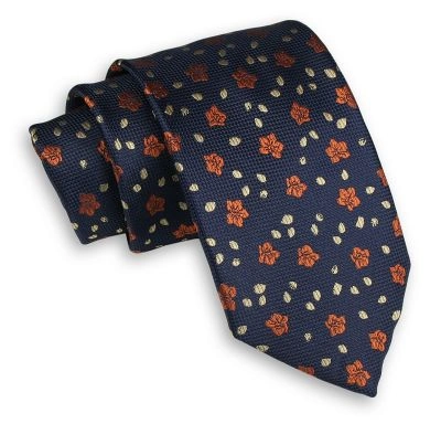 Granatowy Męski Krawat -Chattier- 7,5cm, Klasyczny, Szeroki, Elegancki, w Pomarańczowe Kwiatki
