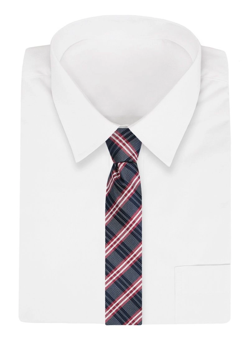Granatowy Męski Krawat -Chattier- 7,5cm, Klasyczny, Szeroki, Elegancki, w Różowo-Białą Kratkę