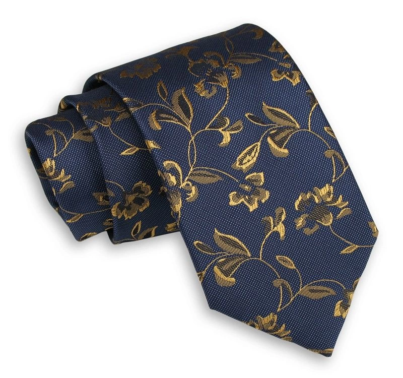 Granatowy Męski Krawat -Chattier- 7,5cm, Klasyczny, Szeroki, Elegancki, w Żółte Kwiatki