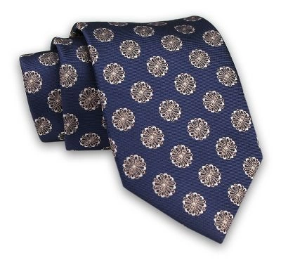 Granatowy Męski Krawat -Chattier- 8 cm, Klasyczny, Elegancki, w Beżowy Wzór Florystyczny