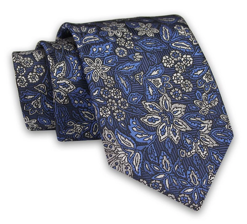 Granatowy Męski Krawat -Chattier- 8 cm, Klasyczny, Elegancki, w Niebiesko-Szary Wzór Kwiatowy
