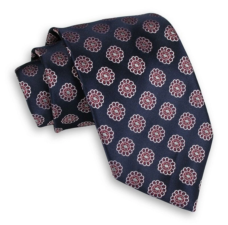 Granatowy Męski Krawat -Chattier- 8cm, Klasyczny, Szeroki, Elegancki, w Biało-Czerwone Kwiatki