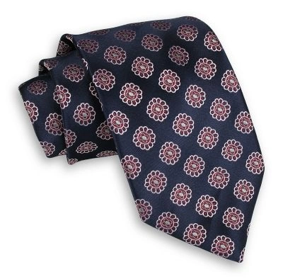 Granatowy Męski Krawat -Chattier- 8cm, Klasyczny, Szeroki, Elegancki, w Biało-Czerwone Kwiatki
