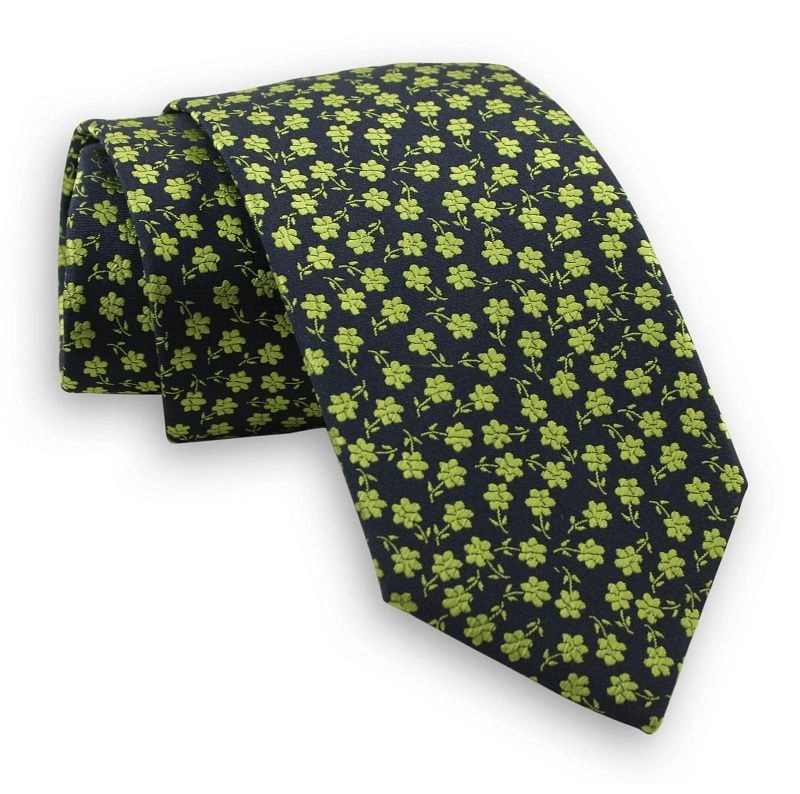 Granatowy Męski Stylowy Krawat -Chattier- 7cm, Klasyczny, w Zielone Kwiaty, Motyw Florystyczny