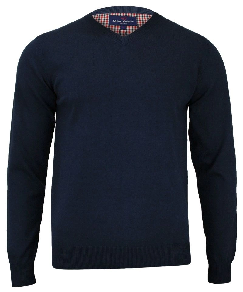 Sweter w Serek (V-neck) Granatowy Męski, 100% Bawełna, Elegancki  - Adriano Guinari