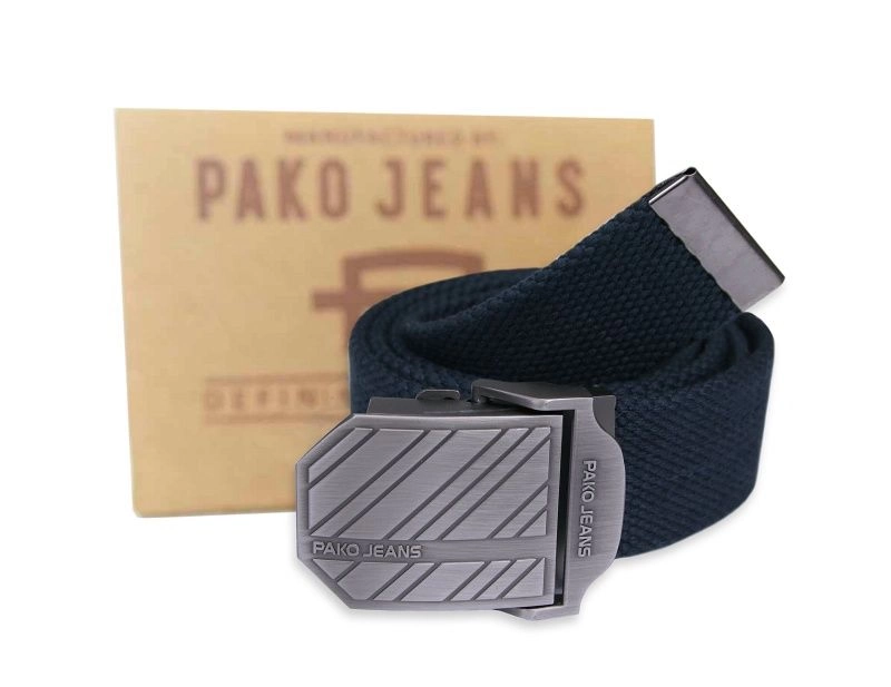 Granatowy Solidny Materiałowy Pasek -Pako Jeans- 110 cm, Militarny, Klamra Zamykana Manualnie