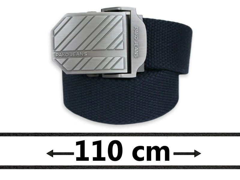 Granatowy Solidny Materiałowy Pasek -Pako Jeans- 110 cm, Militarny, Klamra Zamykana Manualnie
