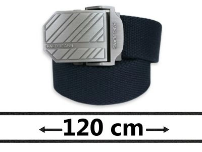 Granatowy Solidny Materiałowy Pasek -Pako Jeans- 120 cm, Wojskowy, Klamra Zamykana Manualnie
