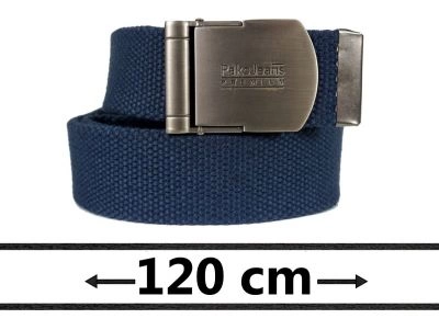 Granatowy Solidny Materiałowy Pasek -Pako Jeans- 120cm, Militarny, Klamra Zaciskana Manualnie