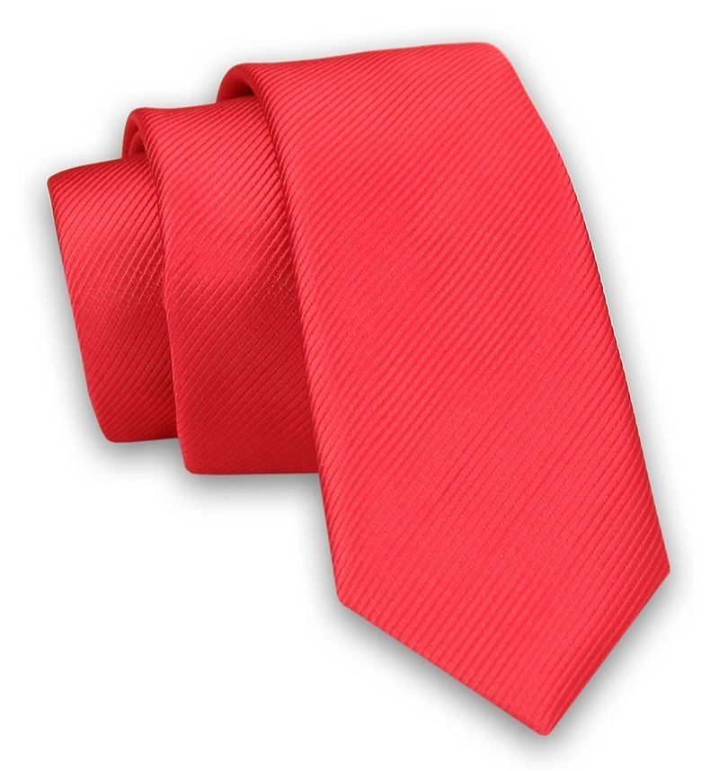 Krawat Męski w Delikatny Prążek ŚLEDŹ (wąski) - 5 cm - Angelo di Monti, Czerwony