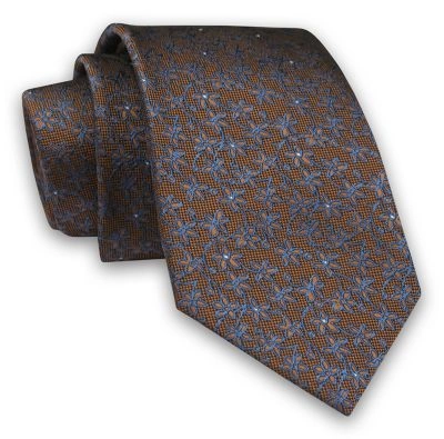 Karmelowy Elegancki Męski Krawat -ALTIES- 7cm, Stylowy, Klasyczny, w Niebieskie Drobny Kwiatki
