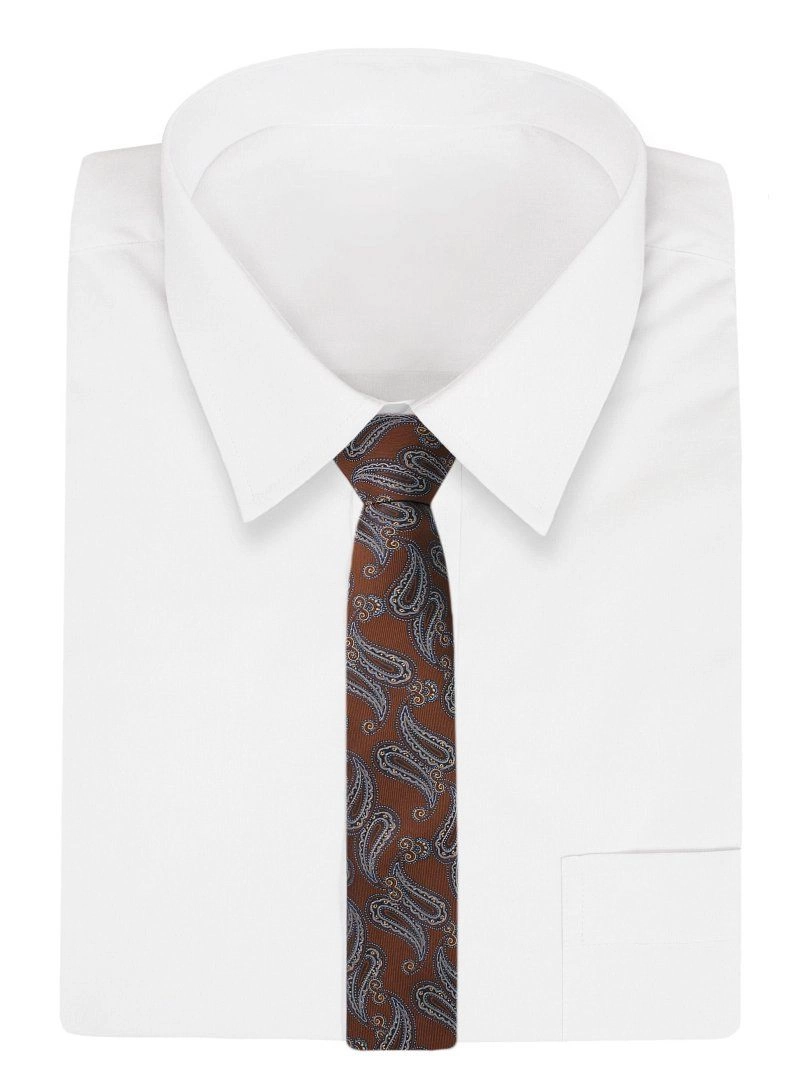 Karmelowy Elegancki Męski Krawat -ALTIES- 7cm, Stylowy, Klasyczny, Wzór Paisley, Łezki