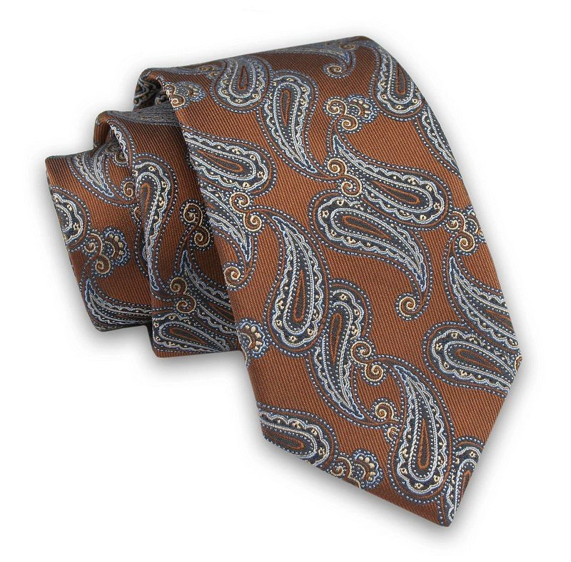 Karmelowy Elegancki Męski Krawat -ALTIES- 7cm, Stylowy, Klasyczny, Wzór Paisley, Łezki