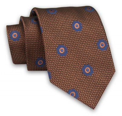 Karmelowy Męski Krawat -Chattier- 8 cm, Klasyczny, Elegancki, w Niebieskie Kwiatki