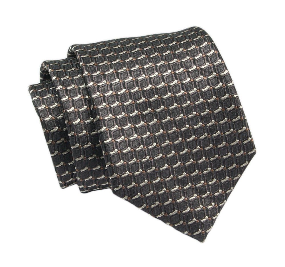 Klasyczny Krawat, Brązowy w Drobny Wzór Geometryczny, Męski, 7cm -Angelo di Monti