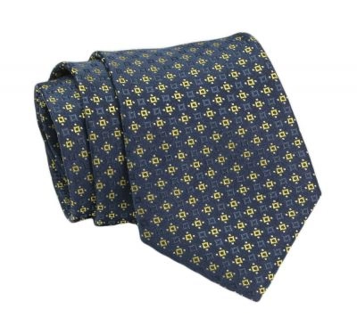 Klasyczny Krawat, Granatowo-Żółty, Wzór Geometryczny, Męski, 7cm -Angelo di Monti