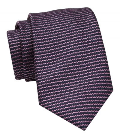 Klasyczny Krawat Męski - ALTIES - Granat, Różowe Paseczki