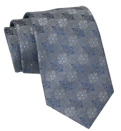 Klasyczny Krawat Męski - ALTIES - Popiel, Niebieski, w Kwiaty