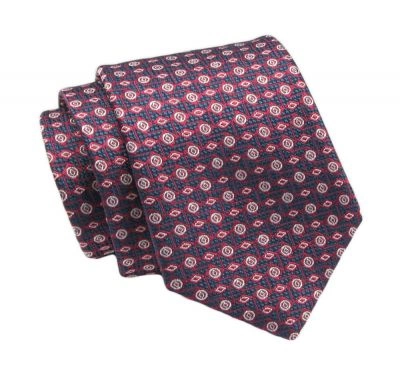 Klasyczny Krawat, Męski, Czerwono-Granatowy, Wzór Geometryczny, 7cm -Angelo di Monti