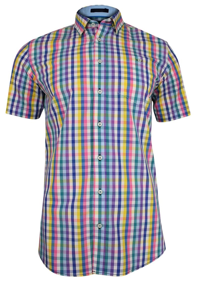 Kolorowa Koszula z Krótkim Rękawem -REY JAY- w Kratkę, Taliowana, Bawełniana