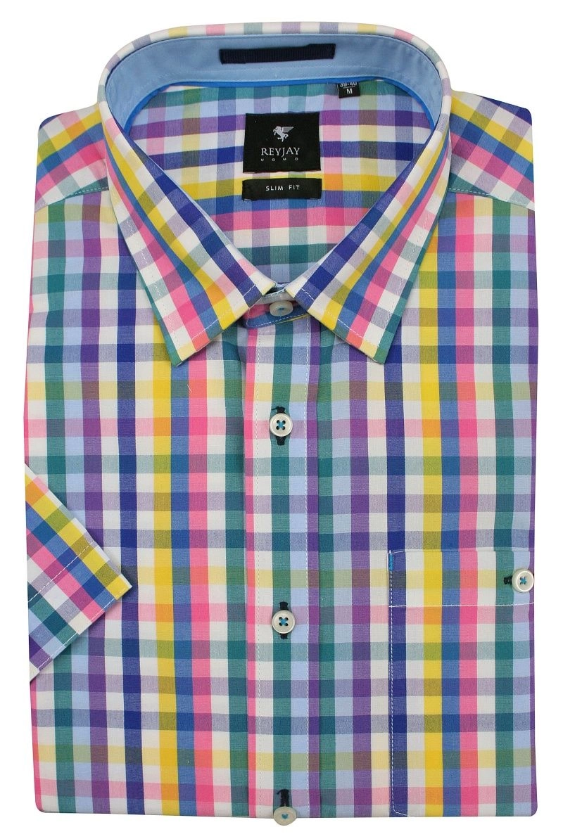 Kolorowa Koszula z Krótkim Rękawem -REY JAY- w Kratkę, Taliowana, Bawełniana