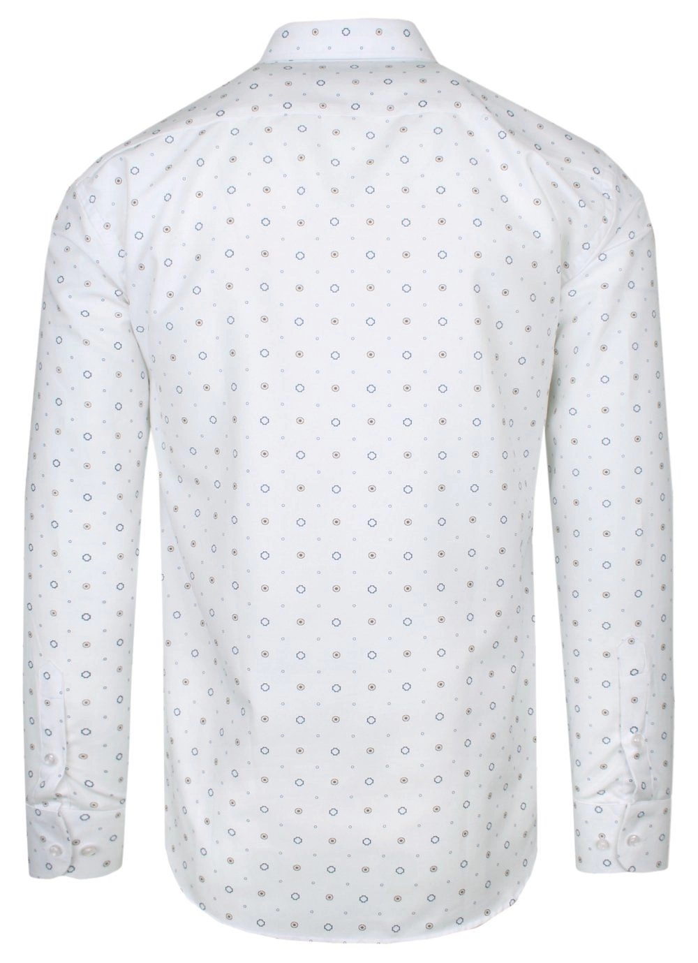 Koszula Bawełniana Biała w Geometryczny Wzór Brązowo-Granatowy, Taliowana, Długi Rękaw -QUICKSIDE