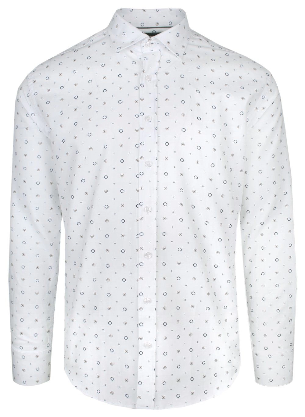 Koszula Bawełniana Biała w Geometryczny Wzór Brązowo-Granatowy, Taliowana, Długi Rękaw -QUICKSIDE