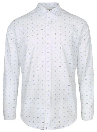 Koszula Bawełniana Biała w Geometryczny Wzór Niebiesko-Granatowy, Taliowana, Długi Rękaw -QUICKSIDE