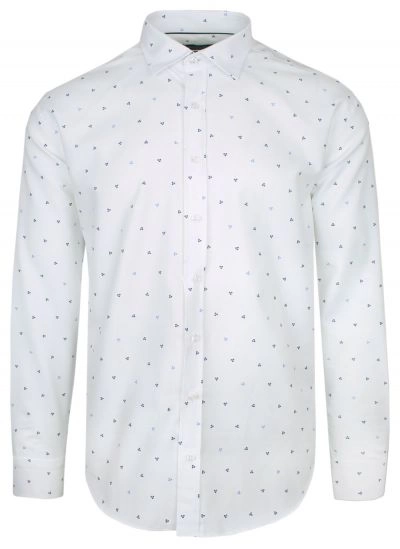 Koszula Bawełniana Biała w Niebiesko-Granatowy Geometryczny Wzór, Taliowana, Długi Rękaw -QUICKSIDE