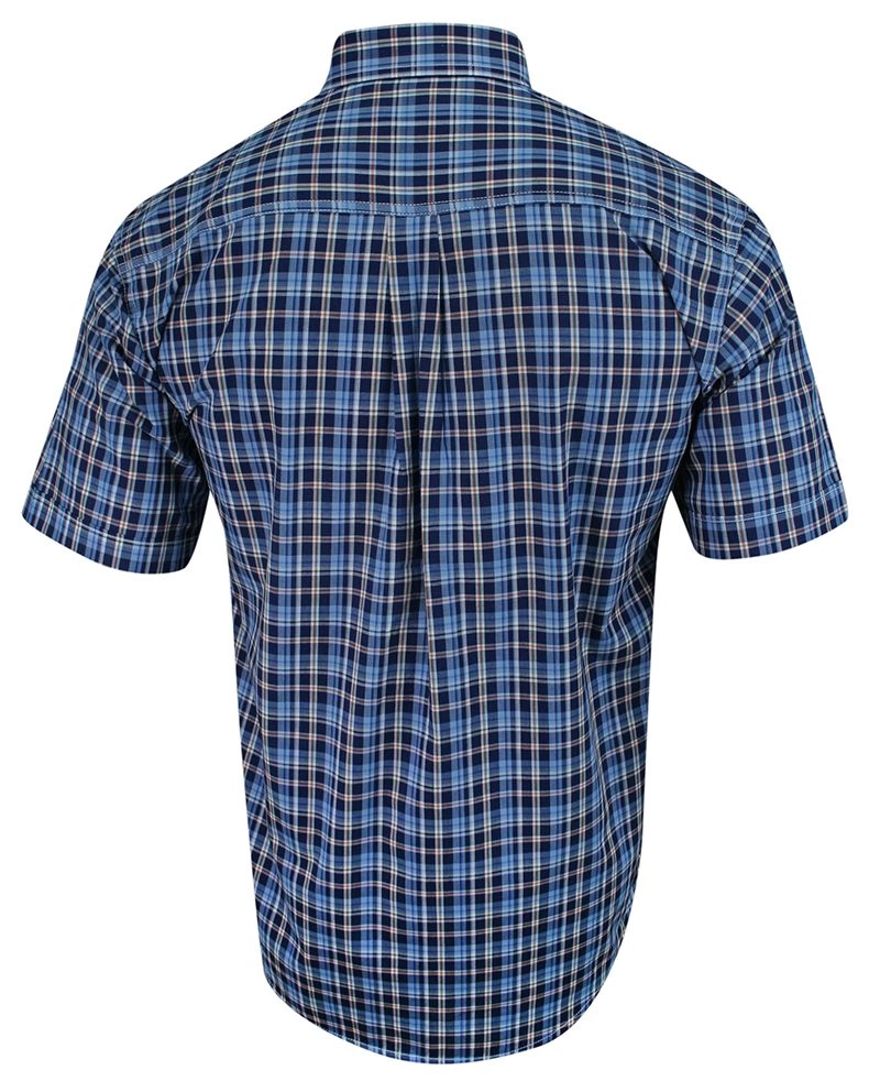 Koszula Bawełniana, Niebiesko-Granatowa Casualowa z Krótkim Rękawem, z Kieszonkami, w Kratkę -FORMAX