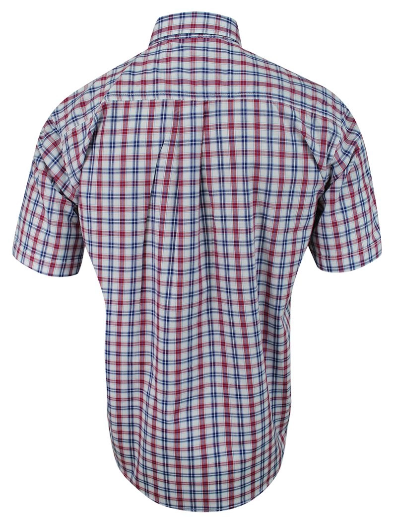 Koszula Bawełniana z Krótkim Rękawem, Czerwono-Granatowa z Kieszonkami, Casualowa w Kratkę -FORMAX