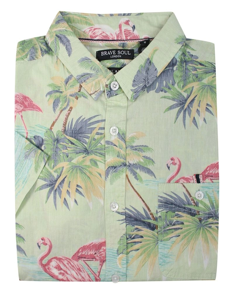 Koszula Bawełniana Zielona we Flamingi, Casualowa z Krótkim Rękawem Prosty Krój Wakacyjna BRAVE SOUL