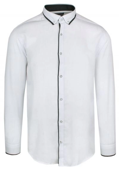 Koszula Męska Biała z Czarną Lamówką -RIGON- Krój TALIOWANY, Długi Rękaw, Slim Fit