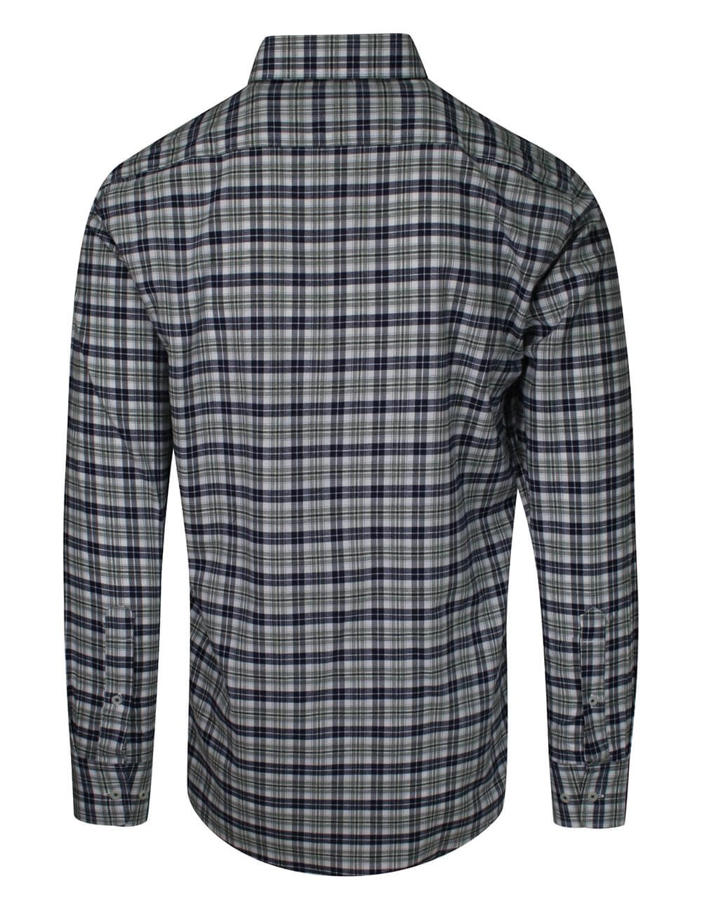 Koszula Męska, Granatowo-Szara w Kratkę, z Długim Rękawem, 100% Bawełna, Taliowana -CHIAO