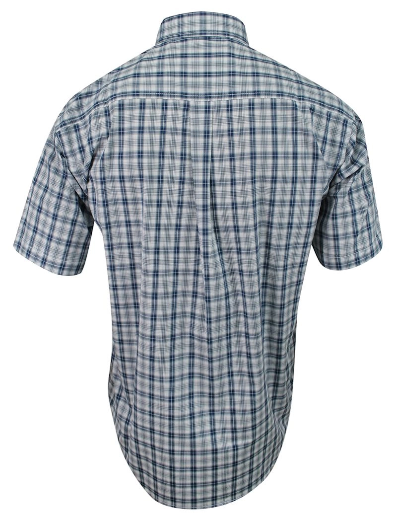 Koszula Szaro-Niebieska Bawełniana z Krótkim Rękawem, z Kieszonkami, Casualowa w Kratkę Slim -FORMAX