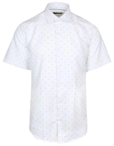 Koszula Wizytowa Biała w Brązowy Drobny Wzór, z Krótkim Rękawem, Taliowana -QUICKSIDE