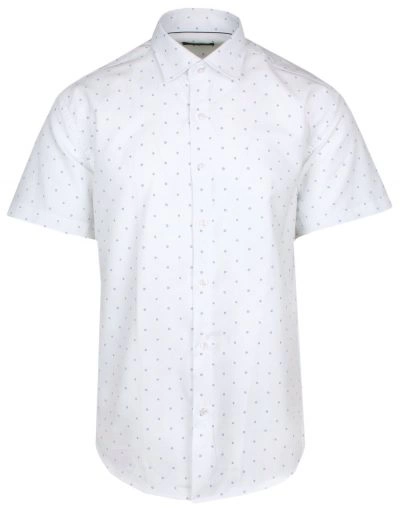 Koszula Wizytowa Biała w Niebieski Drobny Wzór, z Krótkim Rękawem, Taliowana -QUICKSIDE