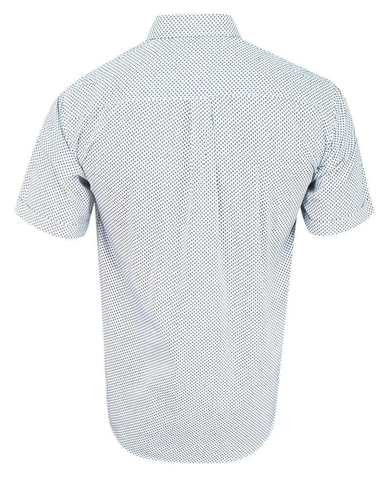 Koszula Wizytowa Biało-Granatowa w Drobny Wzór Geometryczny z Krótkim Rękawem, Bawełniana -KONESER