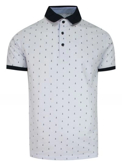 Koszulka POLO, Biała w Czarne Kotwice, Marinistyczna, Męska, Casualowa, Krótki Rękaw, T-shirt