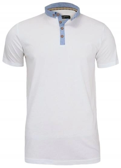 Biała Koszulka Polo z Niebieskimi Wstawkami, 100% BAWEŁNA - Brave Soul, Męska