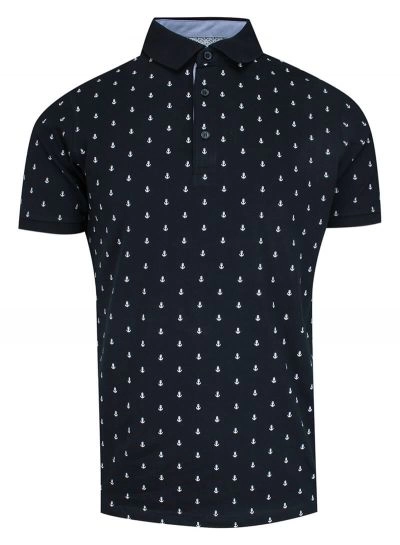 Koszulka POLO, Granatowa w Białe Kotwice, Męska, Casualowa, Krótki Rękaw, T-shirt